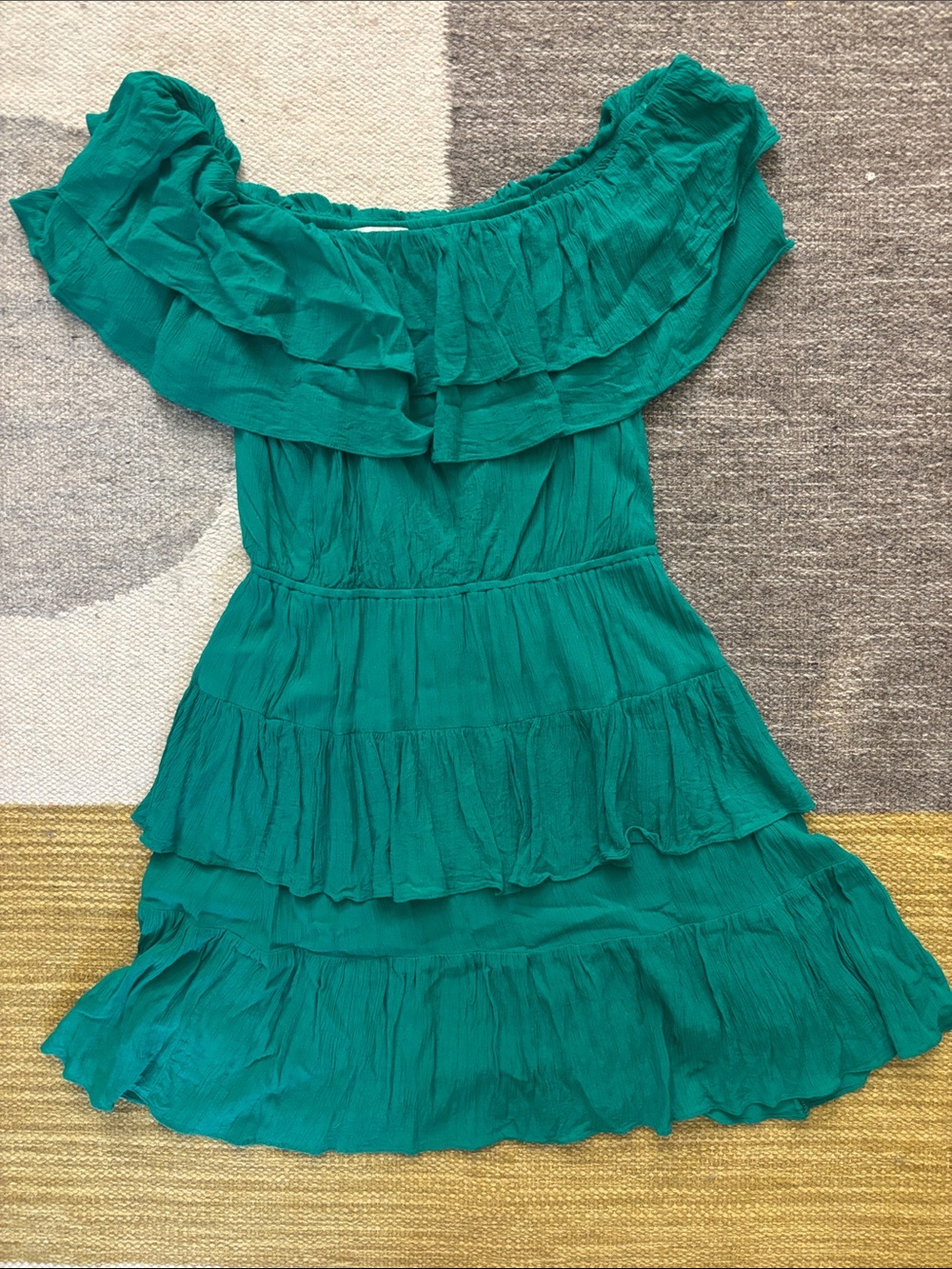 Off-Shoulder Ruffled Tiered Mini Dress in Green